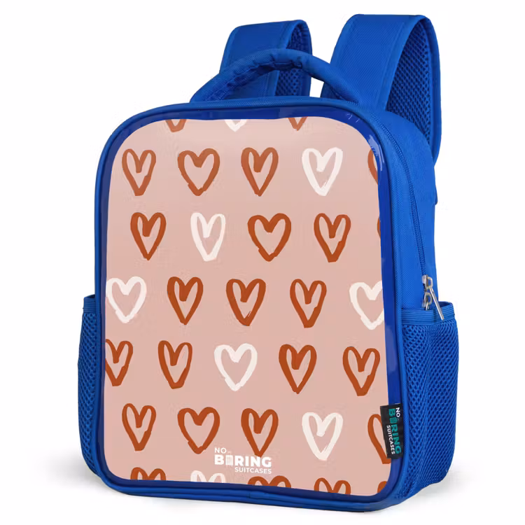 Kids backpack - Blue - Hearts pattern in pink and white — 3