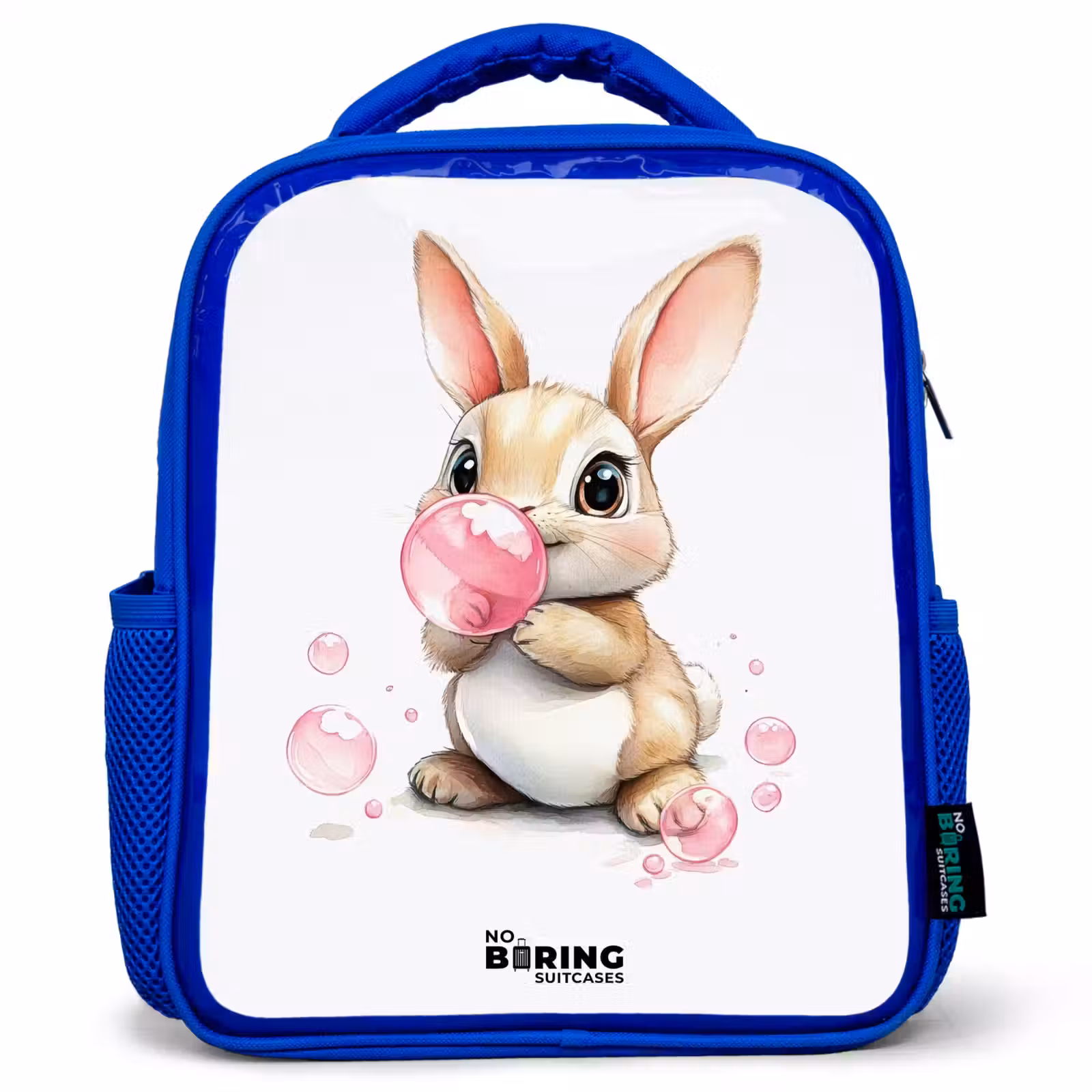 Kids backpack - Blue - Brown bunny with pink bubbles — 1