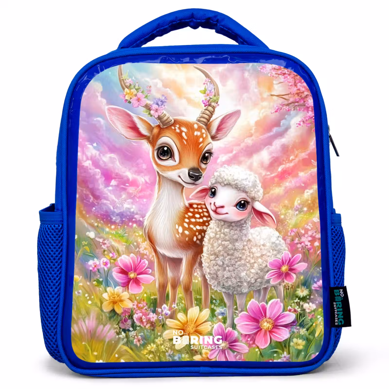 Kids backpack - Blue - Deer with a lamb in pastel flower field — 1