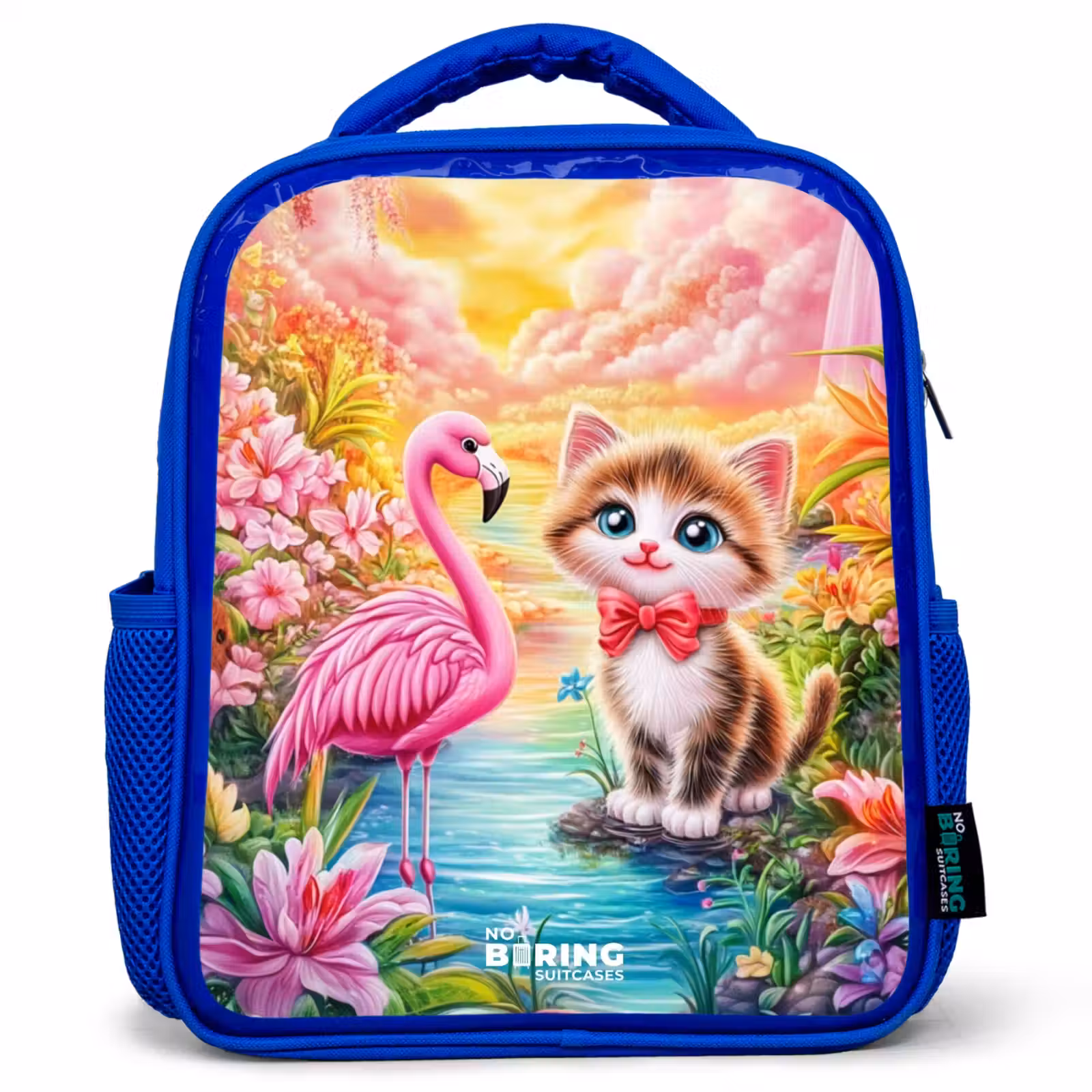 Kids backpack - Blue - Kitten with flamingo in tropical flower paradise — 1