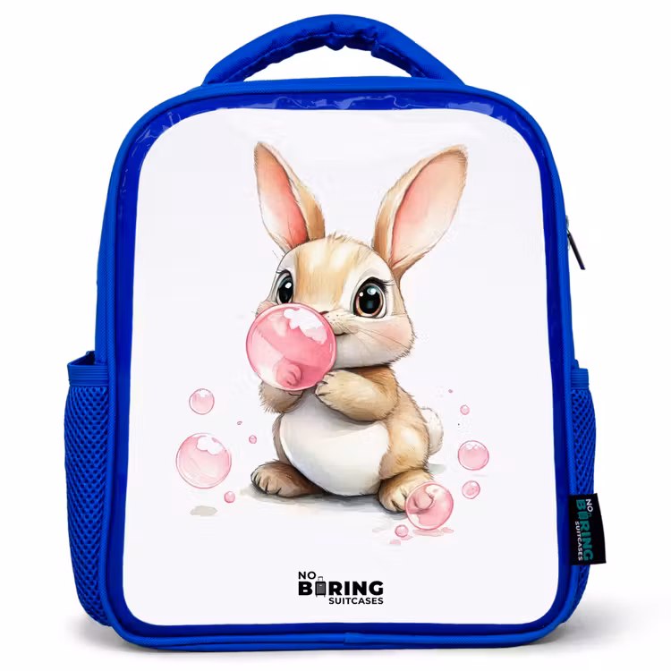 Kids backpack - Blue - Brown bunny with pink bubbles — 1