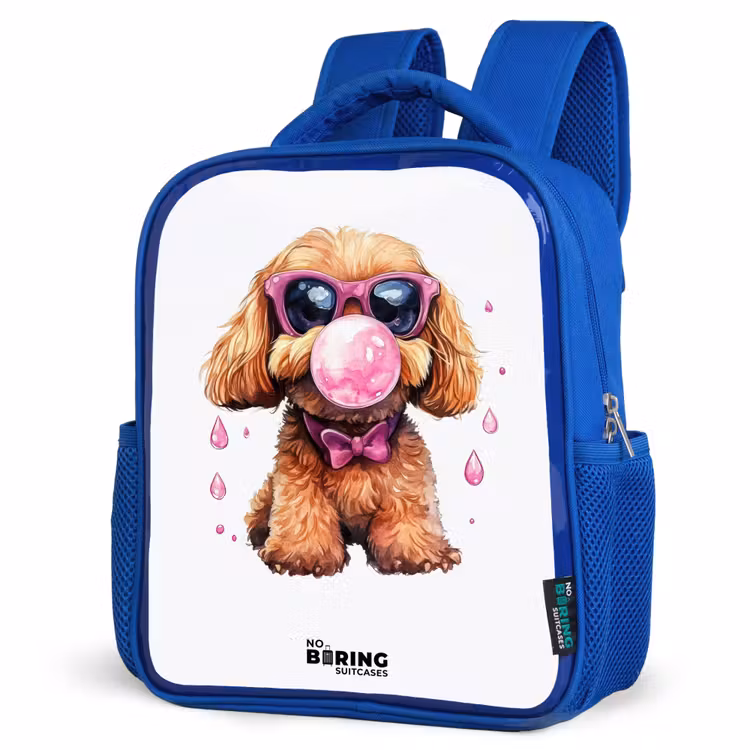 Kids backpack - Blue - Brown dog with pink glasses and gumball — 3