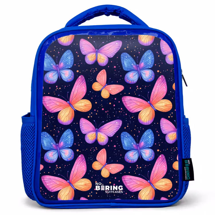 Kids backpack - Blue - Colorful butterflies in pink and blue — 1