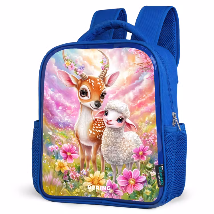 Kids backpack - Blue - Deer with a lamb in pastel flower field — 3
