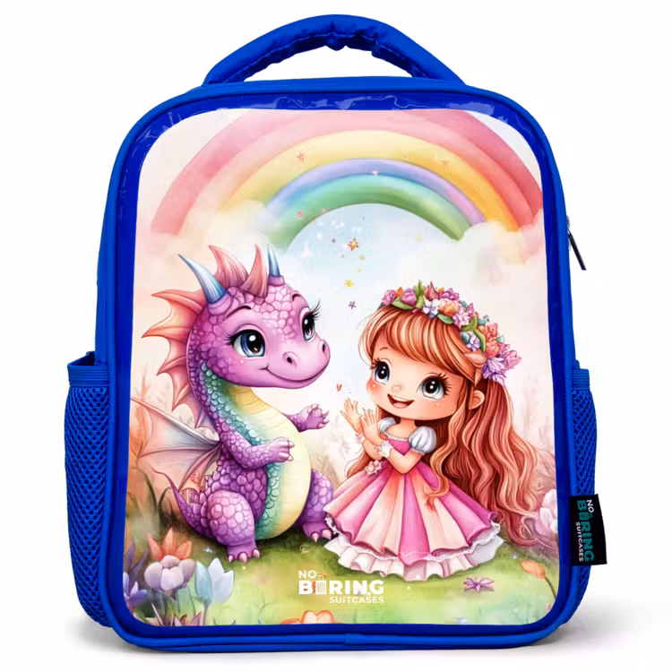 Kids backpack - Blue - Girl with purple dragon under rainbow — 1