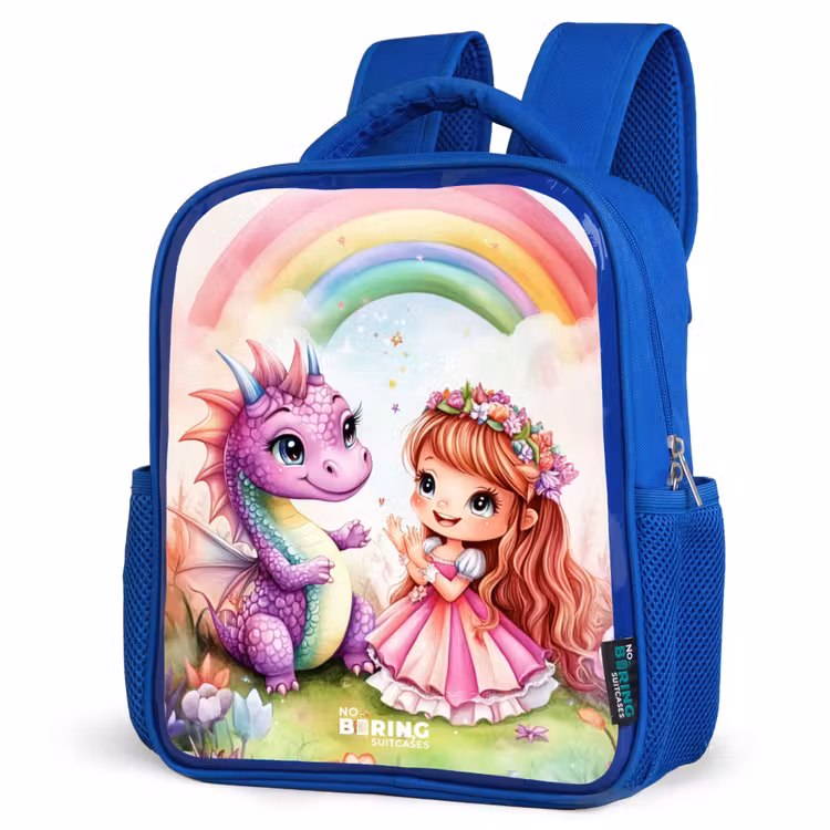 Kids backpack - Blue - Girl with purple dragon under rainbow — 3