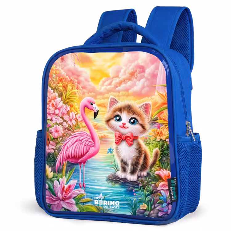 Kids backpack - Blue - Kitten with flamingo in tropical flower paradise — 3