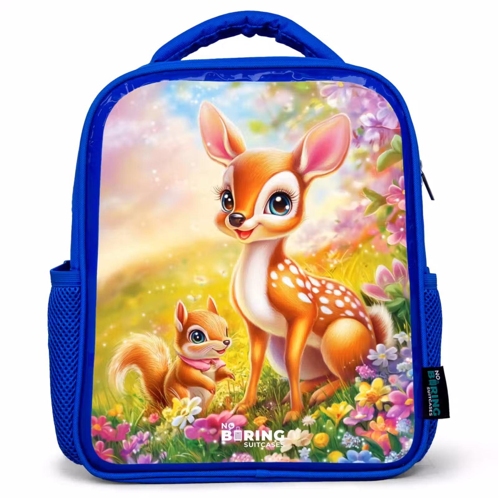 Kids backpack - Blue - Deer and squirrel in colorful field of flowers — 1