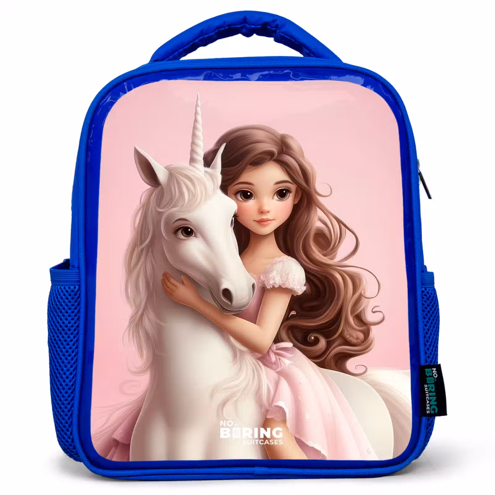 Kids backpack - Blue - Girl with white unicorn on pink background — 1