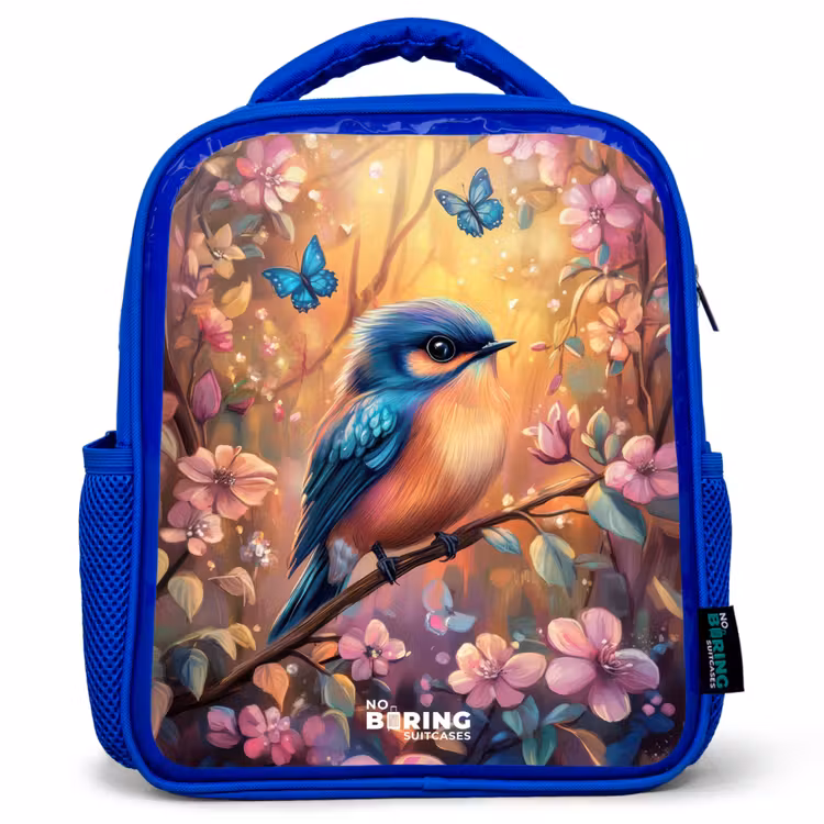 Kids backpack - Blue - Bird with butterflies in colorful forest. — 1
