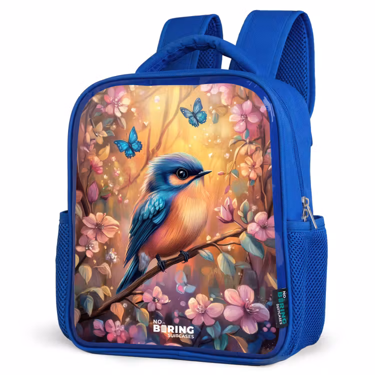 Kids backpack - Blue - Bird with butterflies in colorful forest. — 3