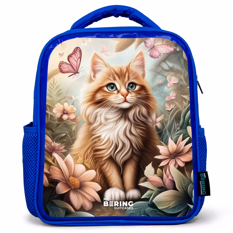 Kids backpack - Blue - Cat in field of flowers with pink butterflies. — 1