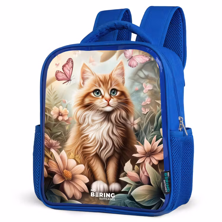 Kids backpack - Blue - Cat in field of flowers with pink butterflies. — 3