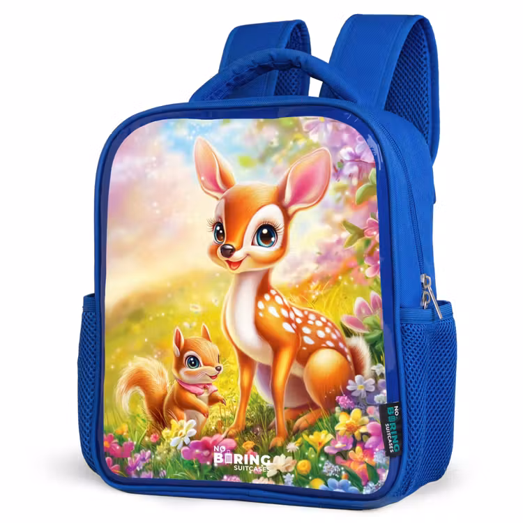 Kids backpack - Blue - Deer and squirrel in colorful field of flowers — 3