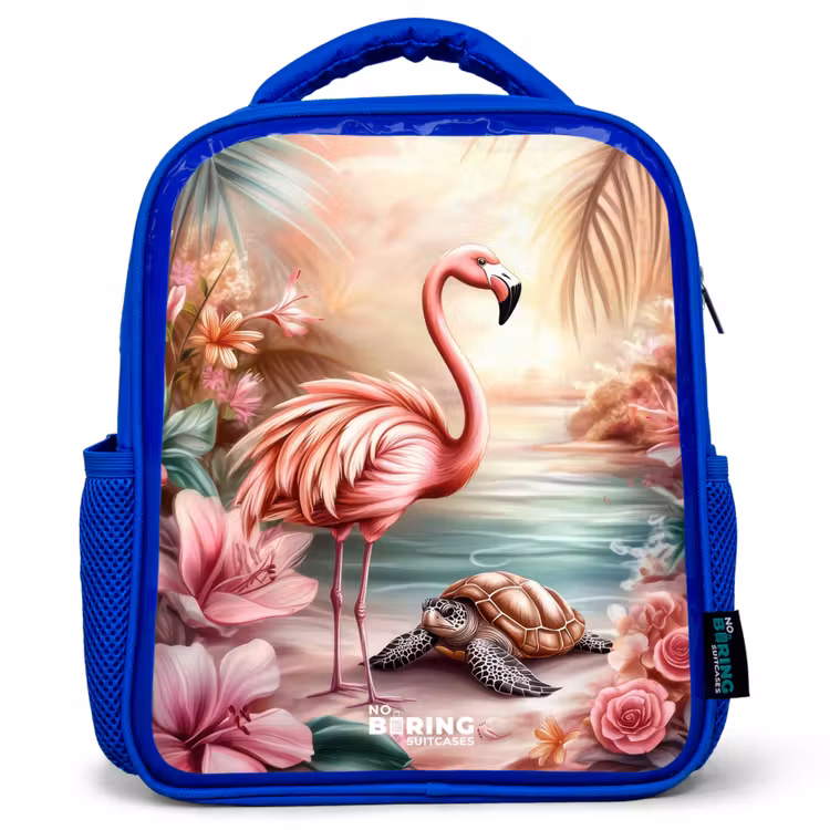 Kids backpack - Blue - Flamingo and turtle on a pink beach. — 1