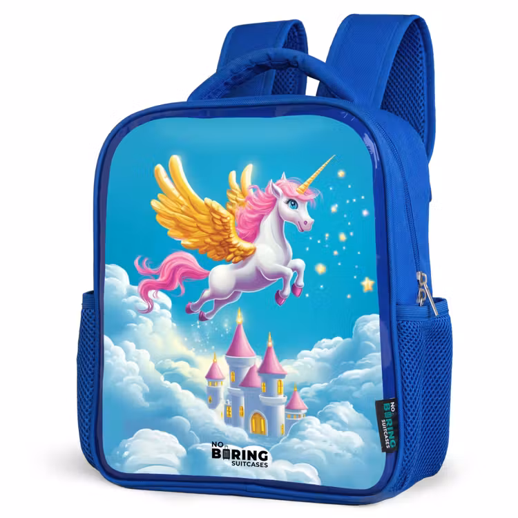 Kids backpack - Blue - Flying unicorn with golden wings above castle — 3
