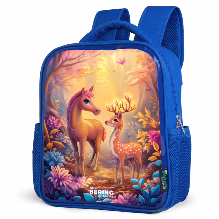 Kids backpack - Blue - Horse and deer in a pink fairy tale forest — 3