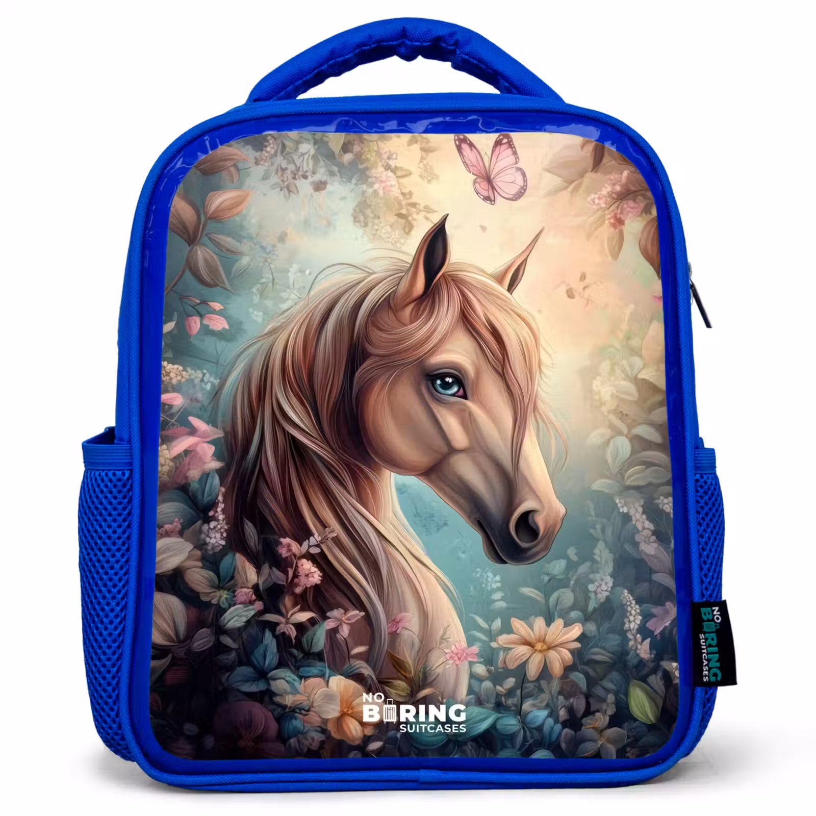Kids backpack - Blue - Horse with butterflies in flower garden — 1
