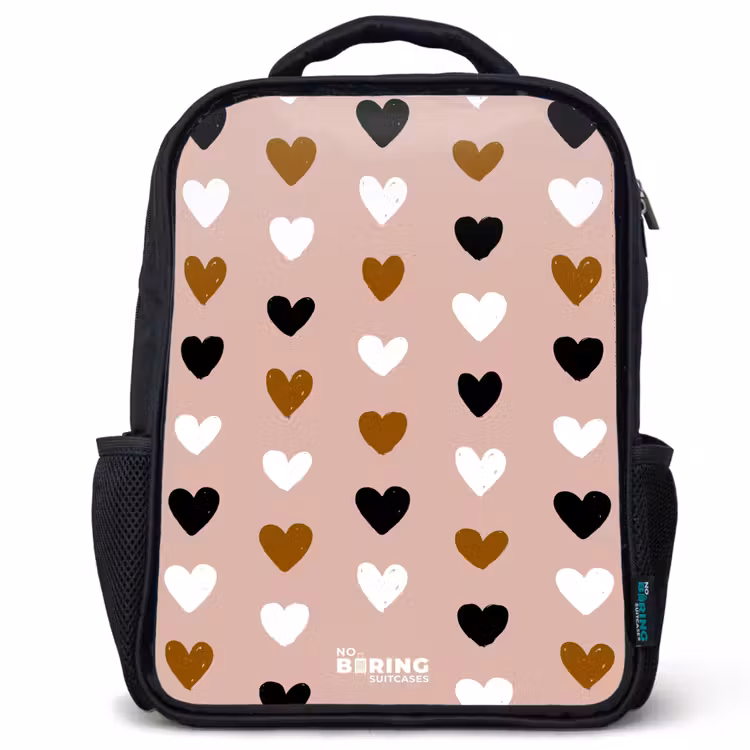 Kids backpack - Black, white and brown heart pattern on vintage pink background — 1