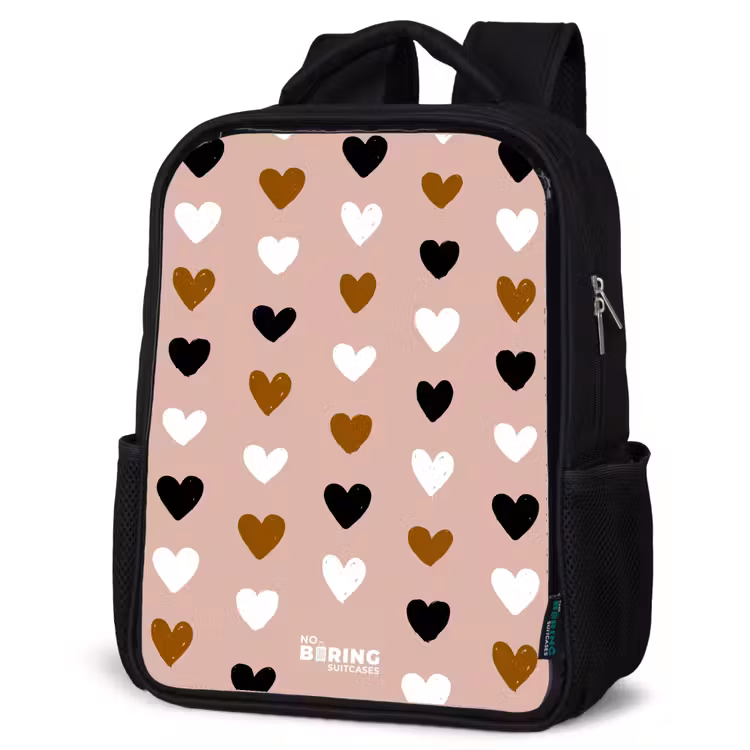 Kids backpack - Black, white and brown heart pattern on vintage pink background — 4