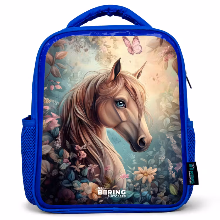 Kids backpack - Blue - Horse with butterflies in flower garden — 1