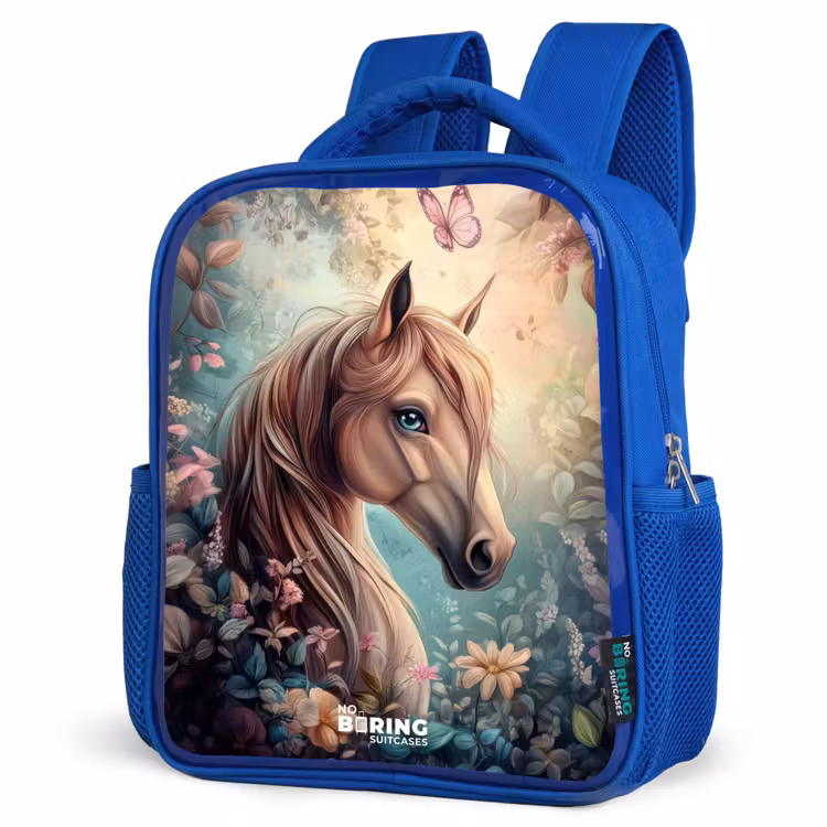 Kids backpack - Blue - Horse with butterflies in flower garden — 3