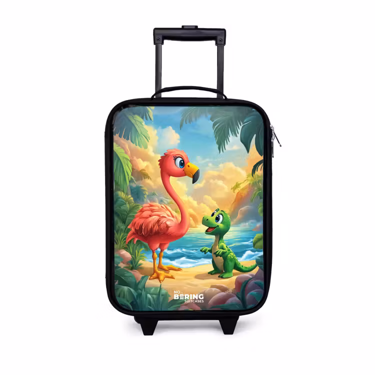 Children's suitcase - Flamingo and dinosaur on beach at sunset — 1