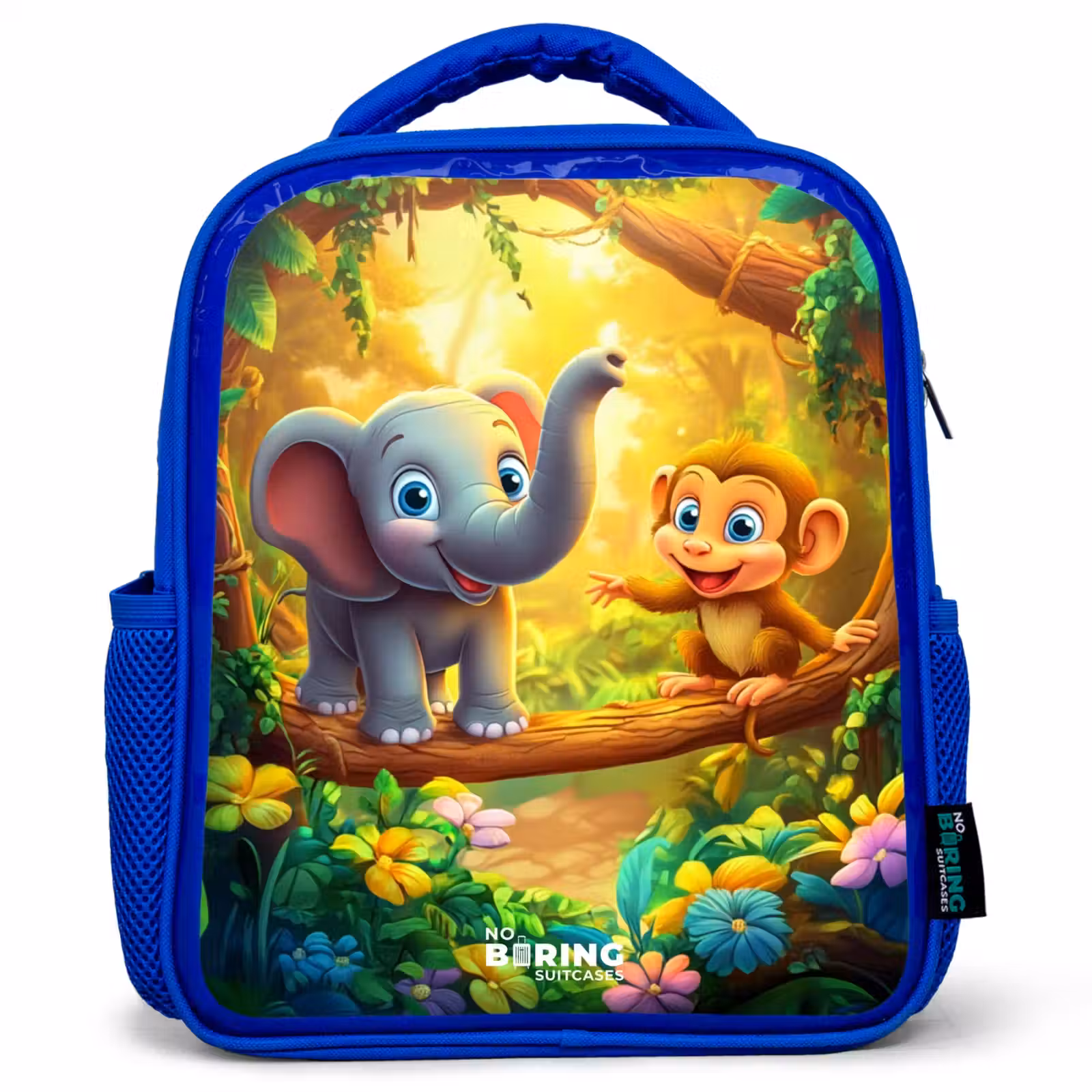 Kids backpack - Blue - Elephant and monkey in colorful jungle — 1