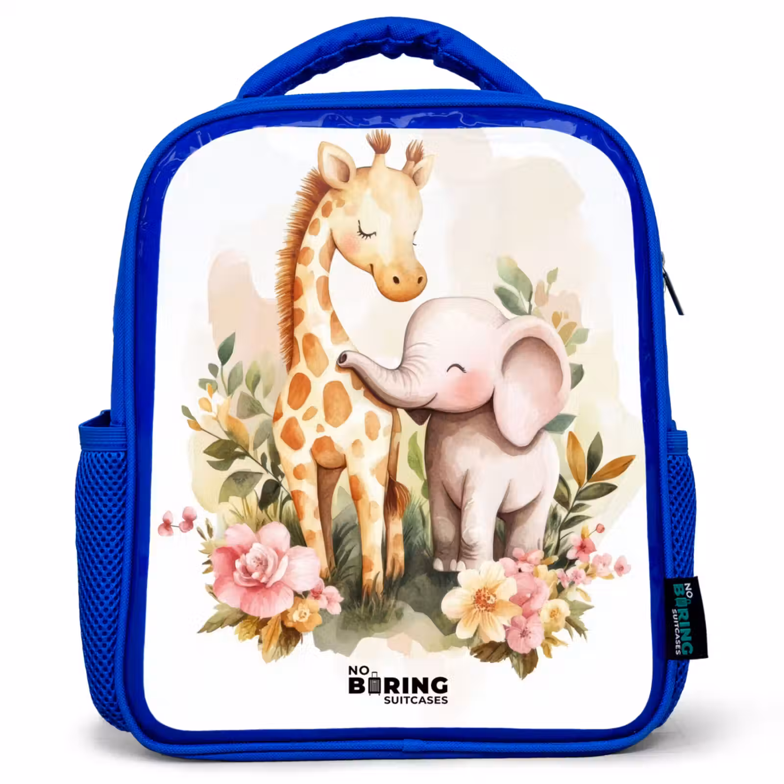 Kids backpack - Blue - Giraffe and elephant among flowers on white background — 1