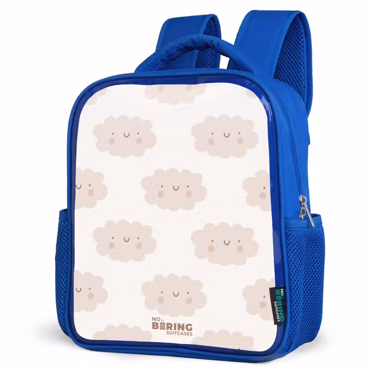 Kids backpack - Blue - Cheerful clouds with faces on cream background — 3