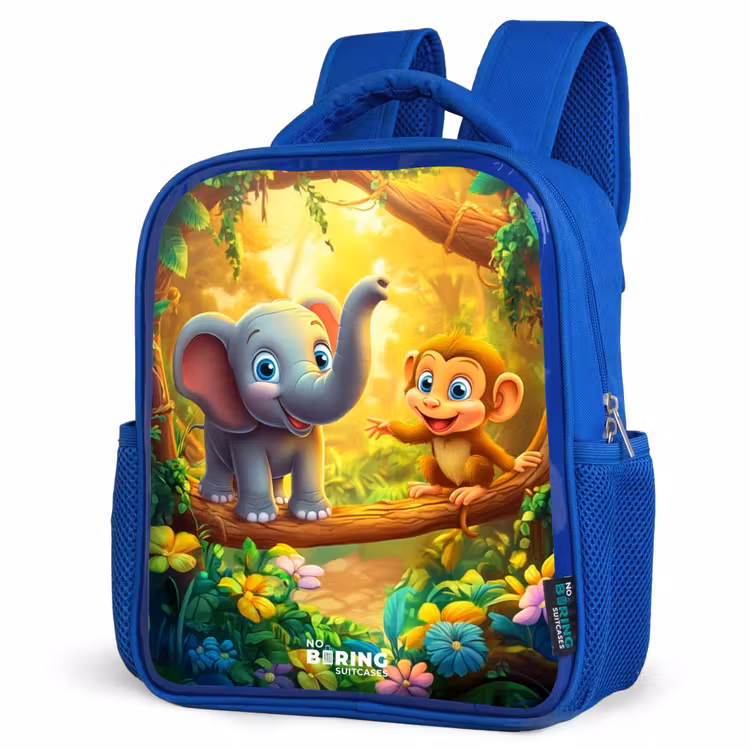 Kids backpack - Blue - Elephant and monkey in colorful jungle — 3