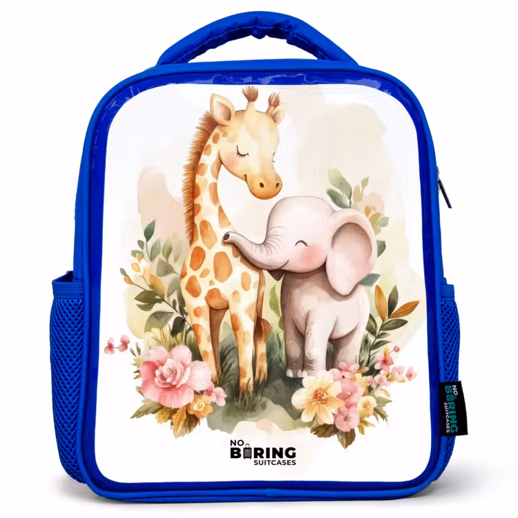 Kids backpack - Blue - Giraffe and elephant among flowers on white background — 1