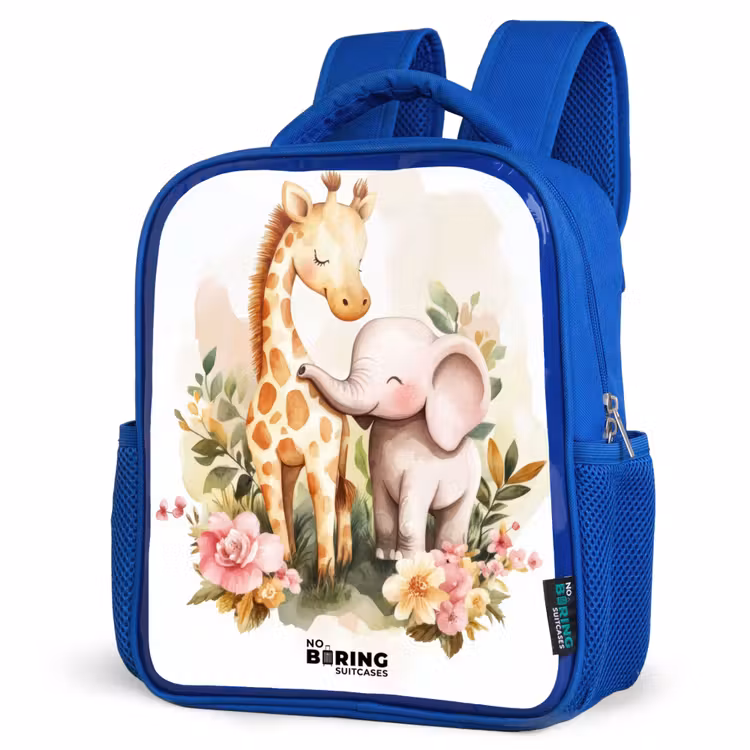Kids backpack - Blue - Giraffe and elephant among flowers on white background — 3