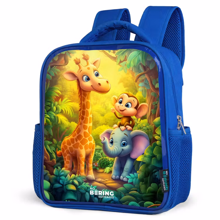 Kids backpack - Blue - Giraffe, elephant and monkey in the forest — 3