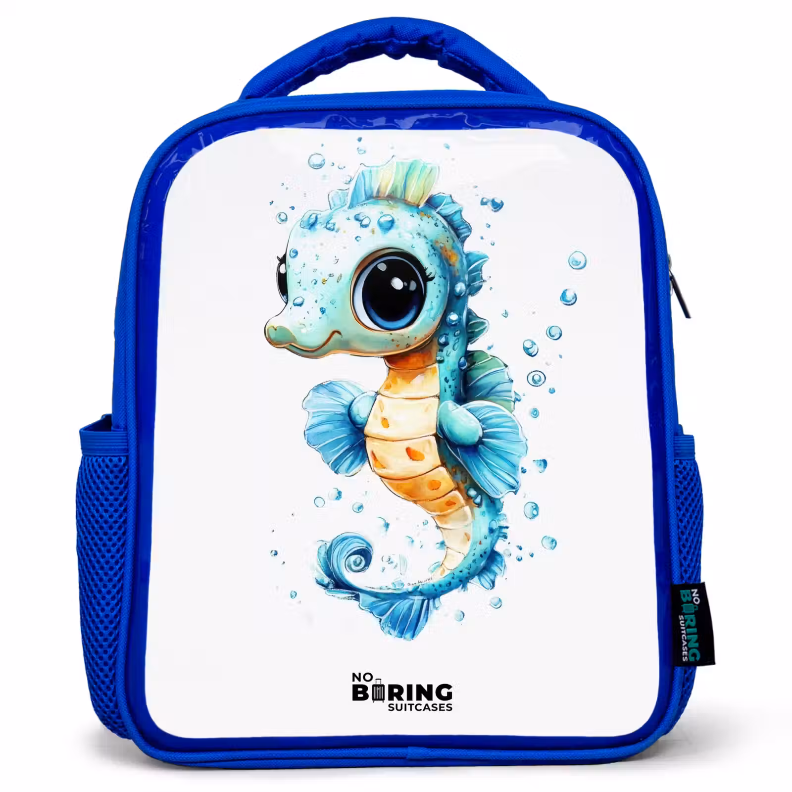 Kids backpack - Blue - Blue seahorse with big eyes and bubbles — 1