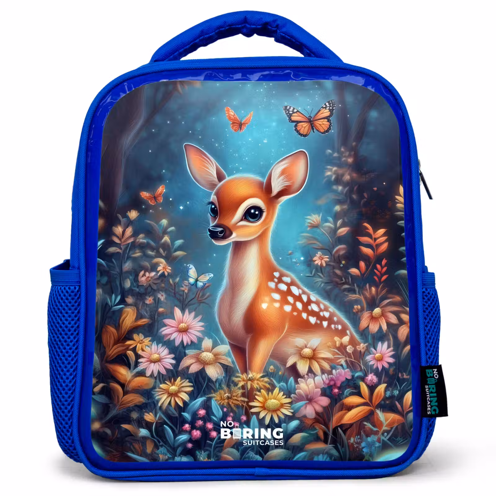 Kids backpack - Blue - Deer among flowers in enchanted forest — 1