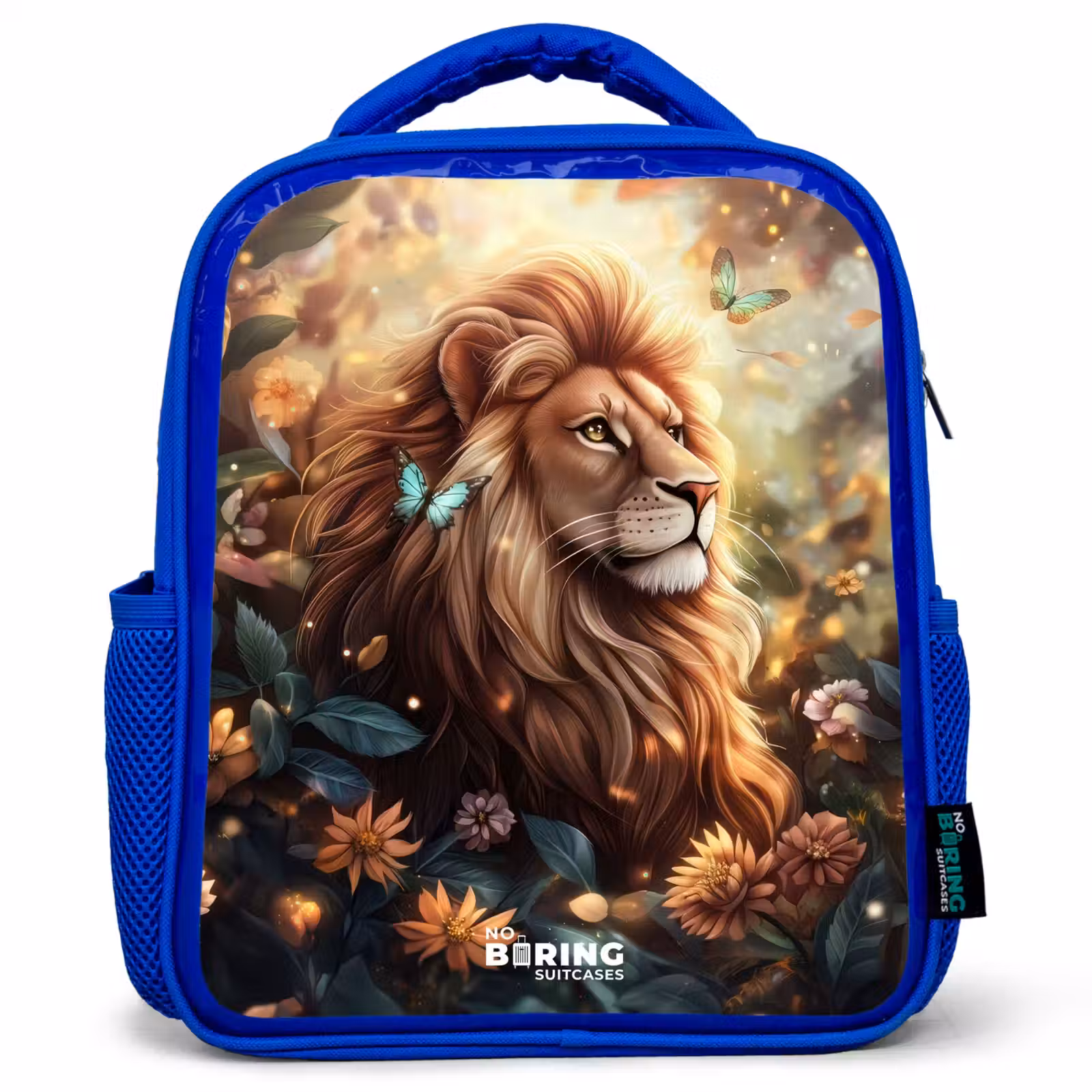 Kids backpack - Blue - Lion with butterflies in flowery jungle — 1