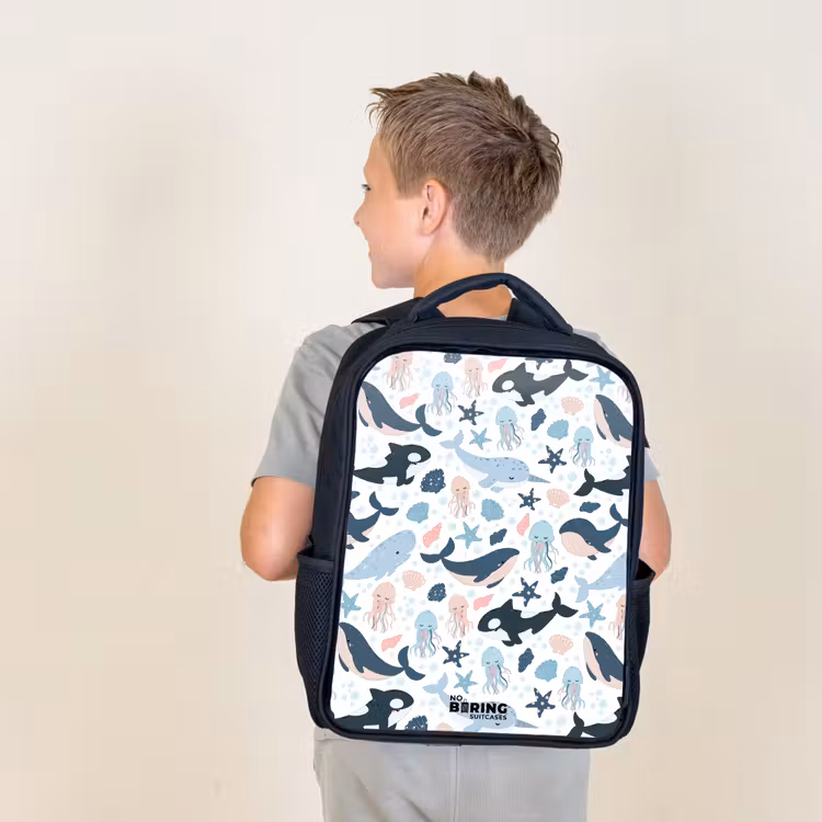 Kids backpack - Black - Sea animal pattern with whales, jellyfish and orcas — 2
