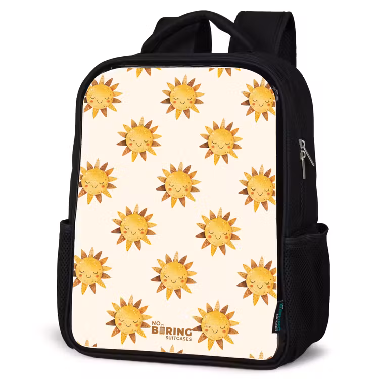 Kids backpack - Black - Smiling suns as a pattern on beige background — 4