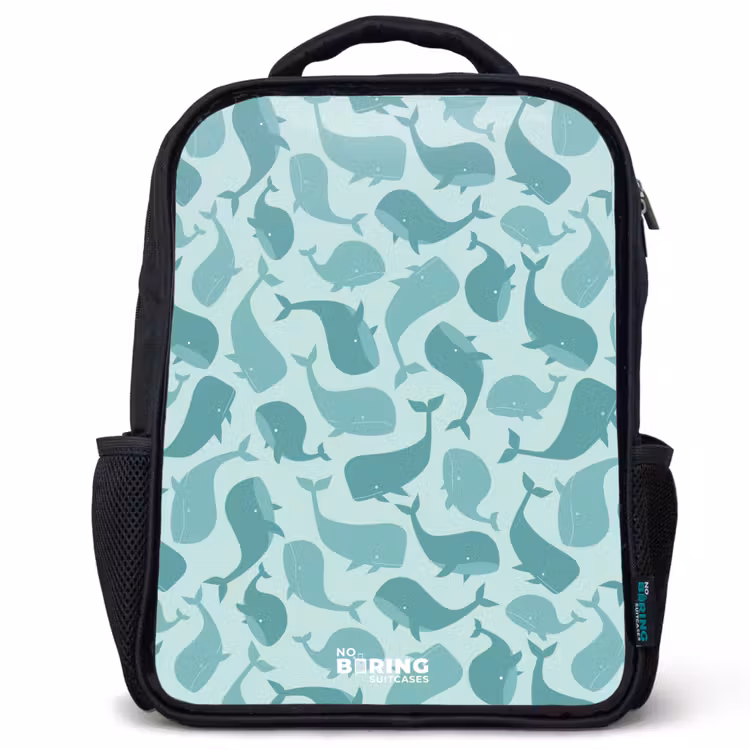 Kids backpack - Black - Stylized whales in tonal sea green hues — 1