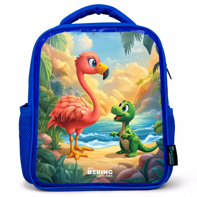 Kids backpack - Blue - Flamingo and dinosaur on beach at sunset — 1