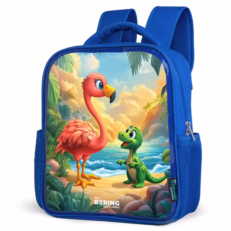 Kids backpack - Blue - Flamingo and dinosaur on beach at sunset — 3