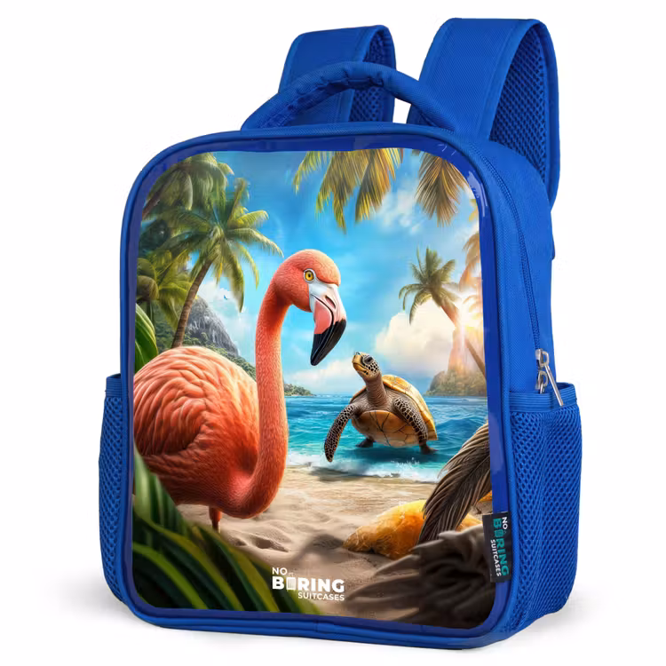 Kids backpack - Blue - Flamingo and turtle on tropical beach — 3