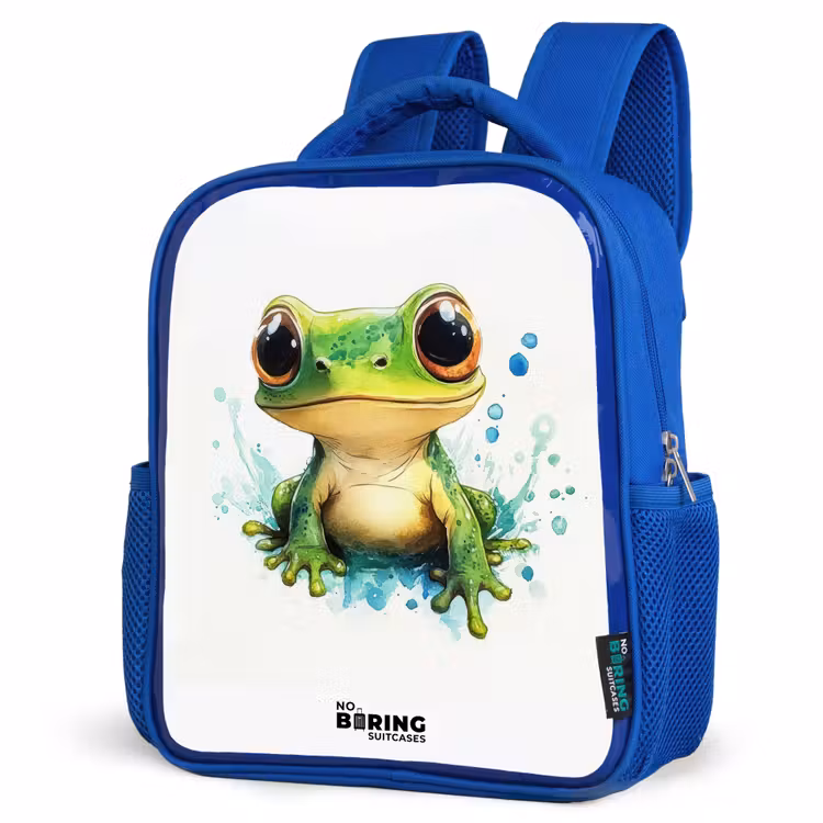 Kids backpack - Blue - Green frog with big eyes on white background — 3