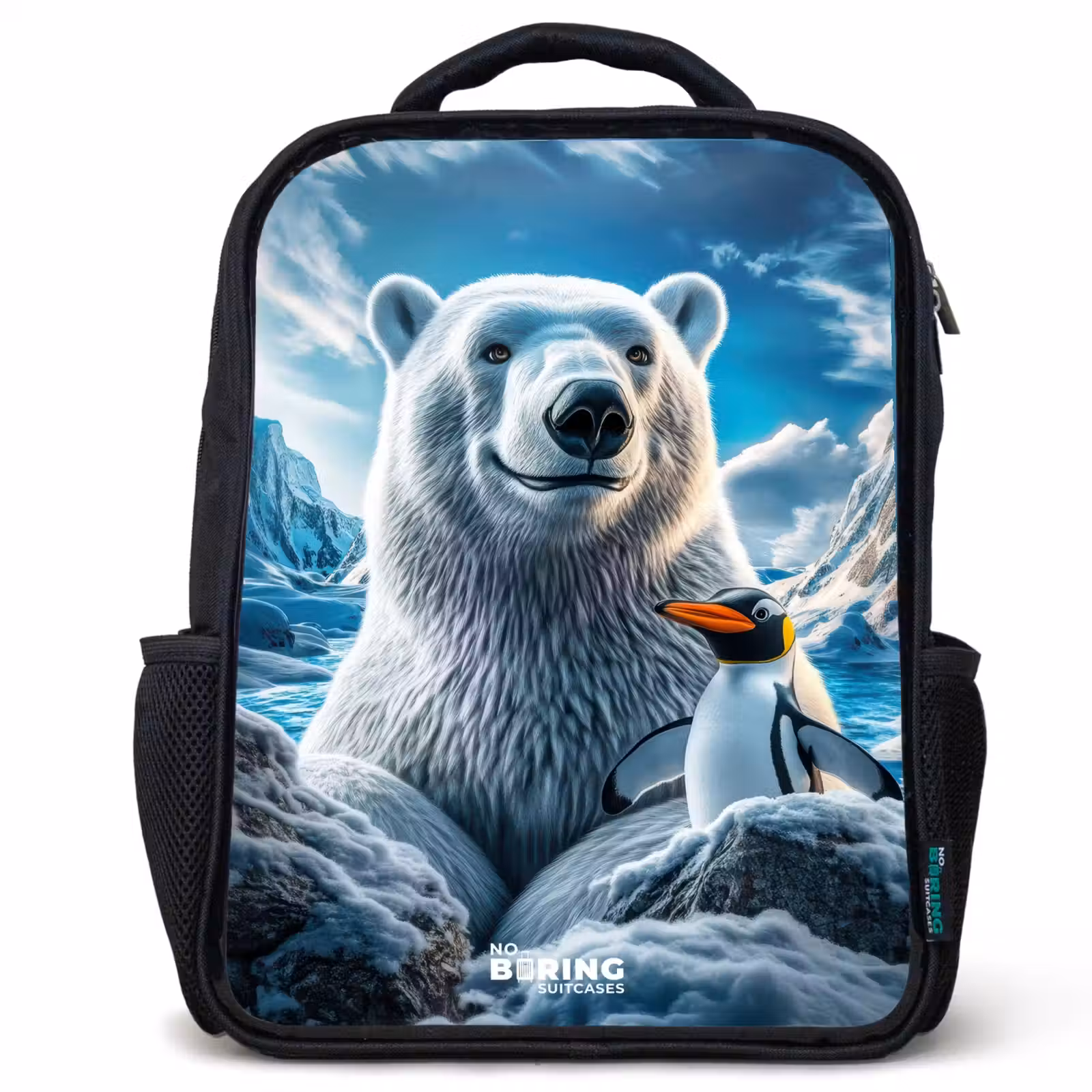 Kids backpack - Black - Polar bear and penguin in snowy mountain landscape — 1