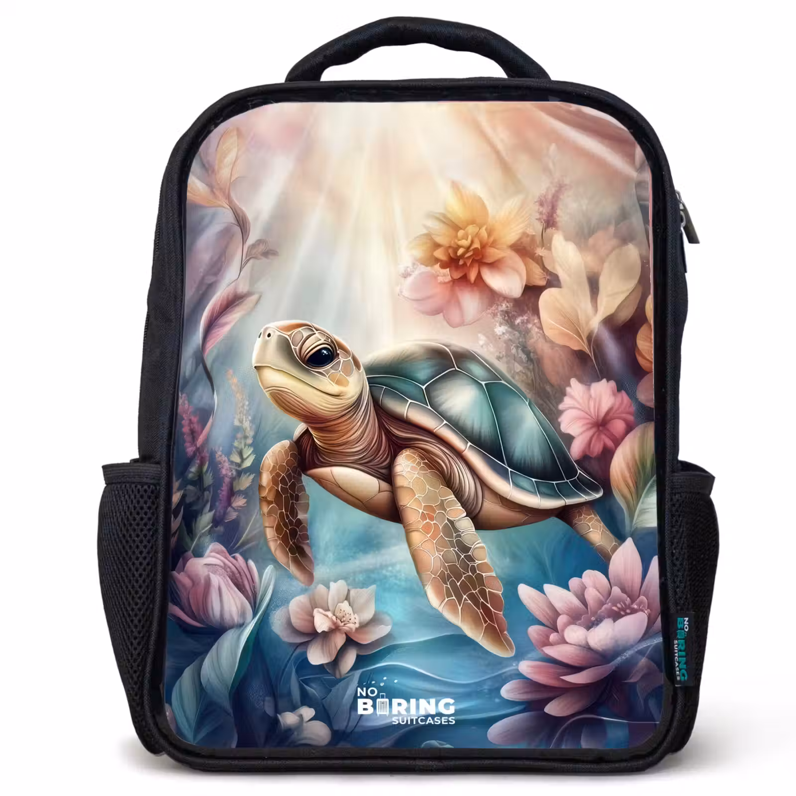 Kids backpack - Black - Sea turtle among flowers underwater — 1