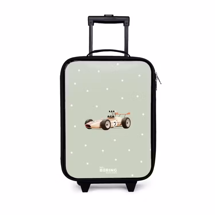 Children's suitcase - Beige retro race car on green polka dots background — 1