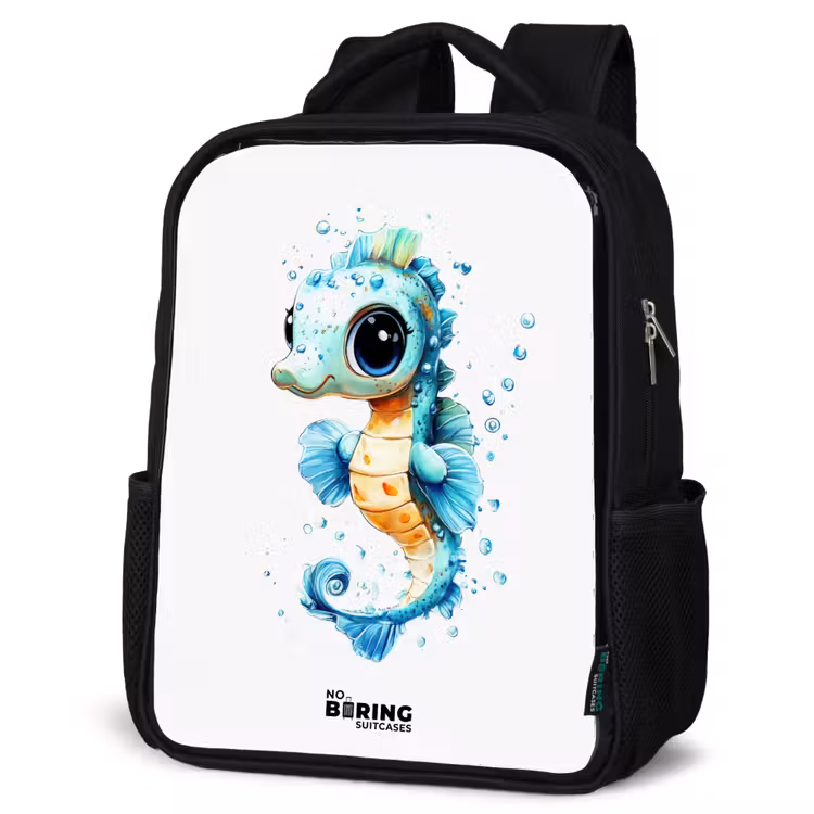 Kids backpack - Black - Blue seahorse with big eyes and bubbles — 4
