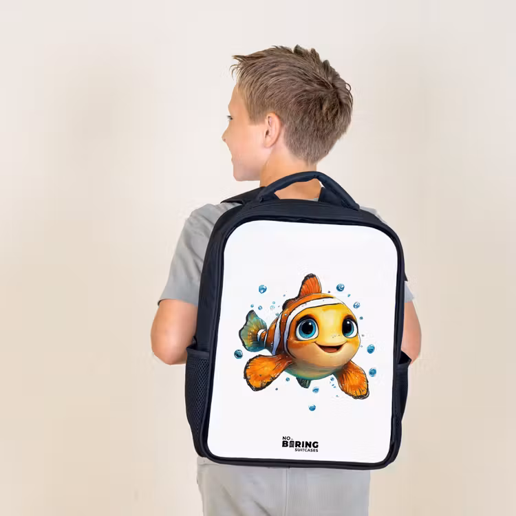 Kids backpack - Black - Clownfish with bubbles on white background — 2