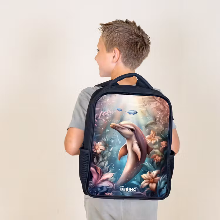 Kids backpack - Black - Dolphin and fish in underwater flower world — 2